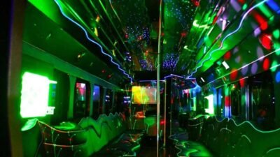 A very well lit interior of a party bus
